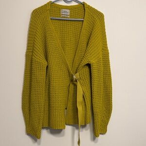 Urban Outfitter Mustard Yellow Green Knit Crotchet Cardigan with adjustable belt
